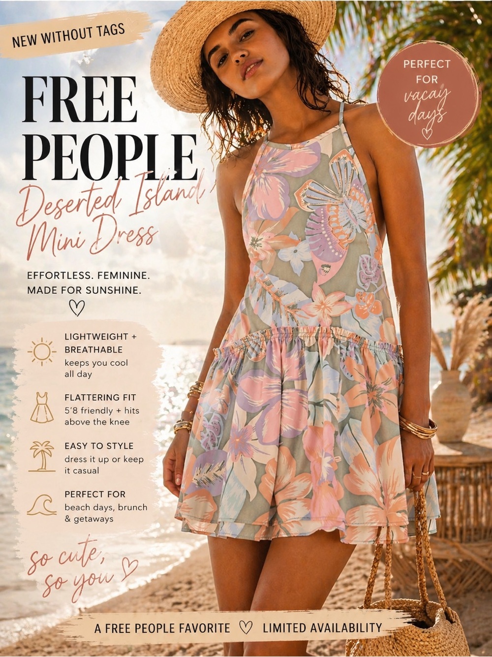 Free People Deserted Island Mini Dress  I’m 5’8 and it lays above my knee👗NWOT